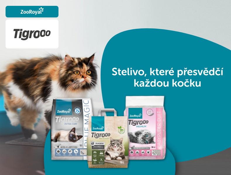 Stelivo ZooRoyal Tigrooo Banner s kočkou vedle různých balení steliva Tigrooo.