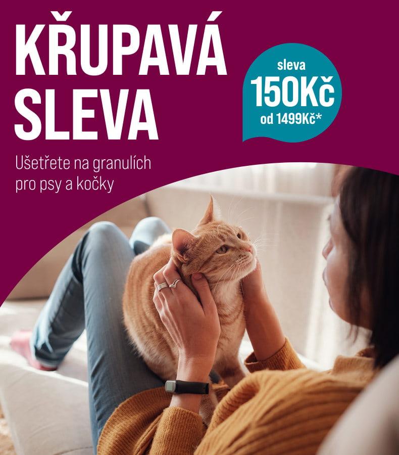 Sleva 150 Kč na granule a pamlsky Osoba sedí na zemi a hladí zrzavou kočku; vlevo je fialové pozadí s textem o slevě.