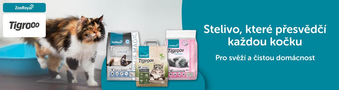 Stelivo ZooRoyal Tigrooo Banner s kočkou vedle různých balení steliva Tigrooo.