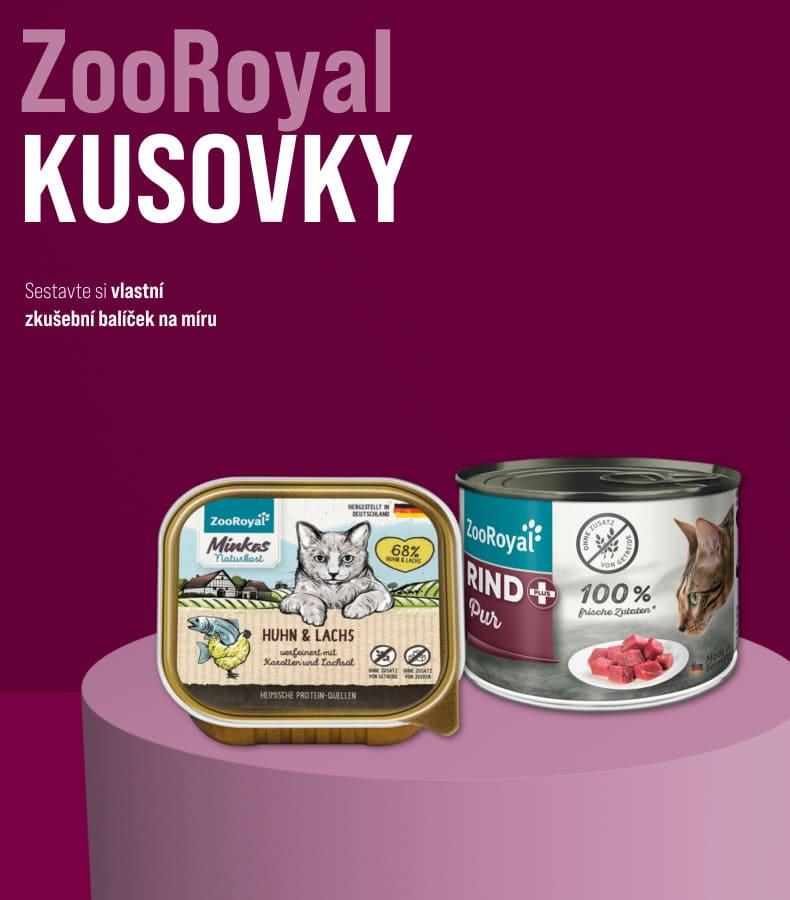 ZooRoyal kusovky - sestavte si vlastní zkušební balíček pro kočky Banner s dvěma samostatnými kusy mokrého krmiva pro kočky ZooRoyal vystavenými na kulatém podstavci.