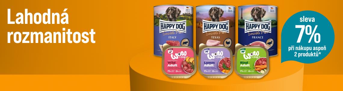 Sleva 7% na při nákupu aspoň 2 produktů Na oranžovém pozadí jsou zobrazeny tři konzervy Happy Dog Sensible Pure (varianty Italy, Texas, France) a pod nimi tři vaničky krmiva Wow Dog (Wild, Lamm, Rind). Vlevo se nachází nápis „Lahodná rozmanitost“ a modrý kruh s akcí „sleva 7% při nákupu aspoň 2 produktů“.