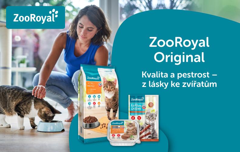 ZooRoyal Original - krmivo pro kočky Banner s osobou klečící u kočky u misky a s balením krmiva ZooRoyal Original.