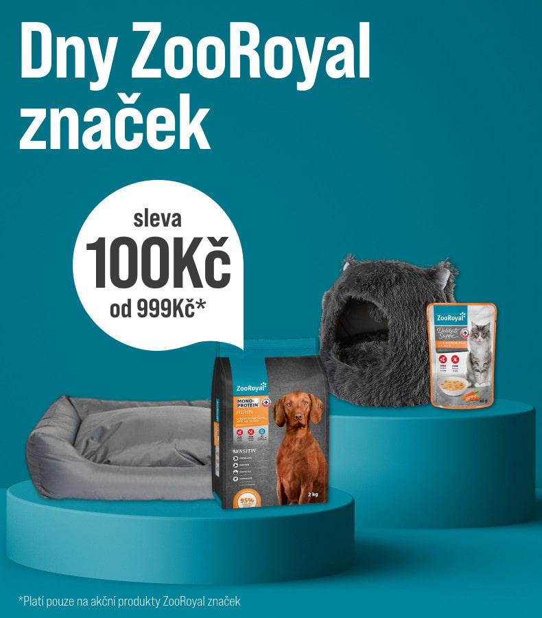 Dny ZooRoyal: Sleva 100 Kč od 999 Kč Reklamní banner se sortimentem krmiva a pelíšků pro psy a kočky značky ZooRoyal na tyrkysovém pozadí. Text informuje o slevě na vybrané produkty ZooRoyal.