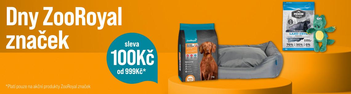 Dny ZooRoyal: Sleva 100 Kč od 999 Kč Reklamní banner se sortimentem krmiva a doplňků pro psy značky ZooRoyal na oranžovém pozadí. Text informuje o slevě na produkty ZooRoyal.