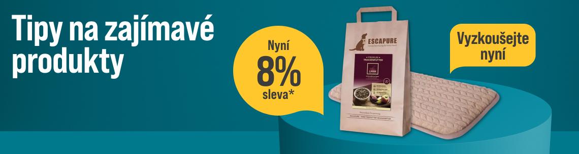 Tipy na zajímavé produkty Reklamní banner s tyrkysovým pozadím doporučuje zajímavé produkty a láká na 8% slevu. V pravé části obrázku stojí papírová taška s uchem, která obsahuje balení prémiového pečeného suchého krmiva pro psy značky Escapure s příchutí jehněčího masa. Vedle krmiva leží prošívaná růžovobéžová podložka nebo pelíšek pro domácí mazlíčky. Celou kompozici doplňují dva žluté dialogové kruhy – jeden s textem o slevě a druhý s výzvou k okamžitému vyzkoušení produktu.