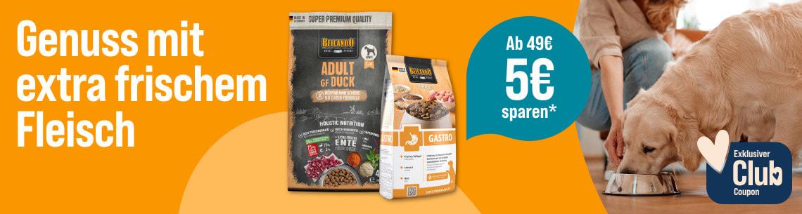 5€ Rabatt ab 49€ auf Belcando Aktionsbanner mit BELCANDO Hundefutterprodukten und einem Hund, der aus einem Napf frisst.