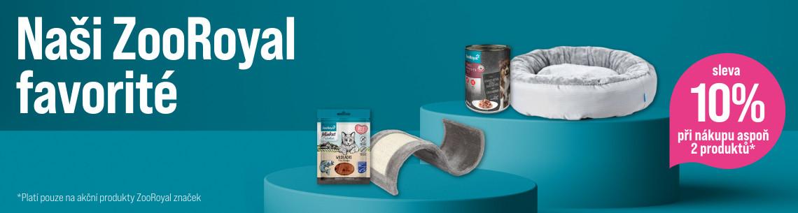 Sleva 10% na vybrané produkty ZooRoyal Propagační banner s produkty ZooRoyal a informací o 10% slevě při koupi dvou produktů.