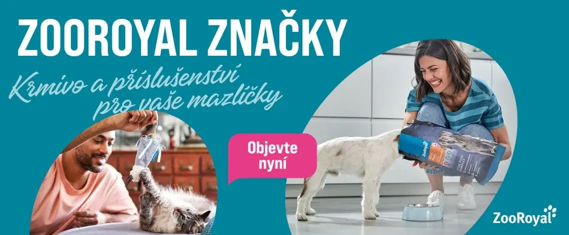 ZooRoyal značky Banner ZooRoyal s textem o krmivu a příslušenství pro mazlíčky a fotografiemi osoby krmící kočku a osoby sypající granule psovi.