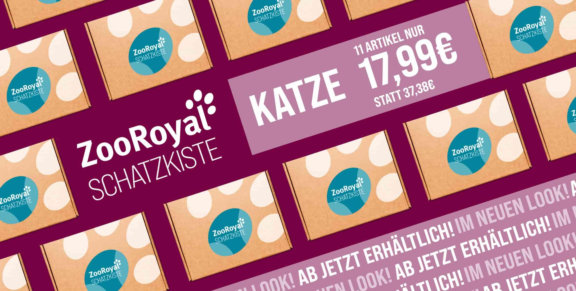 ZooRoyal Schatzkiste Katze Sommer 2026 Verkauf Aktionsbanner für ZooRoyal Schatzkiste Katze Sommer 2026 Verkauf. Mittig hervorgehobenes Angebot „Katze – 11 Artikel nur 17,99€ statt 37,38€“; links großes Logo „ZooRoyal Schatzkiste“; Hintergrund mit wiederholten Schatzkisten-Kartons mit ZooRoyal Logo auf magentafarbenem Hintergrund; Hinweis: reduziertes Bundle-Angebot für Katzen erhältlich.