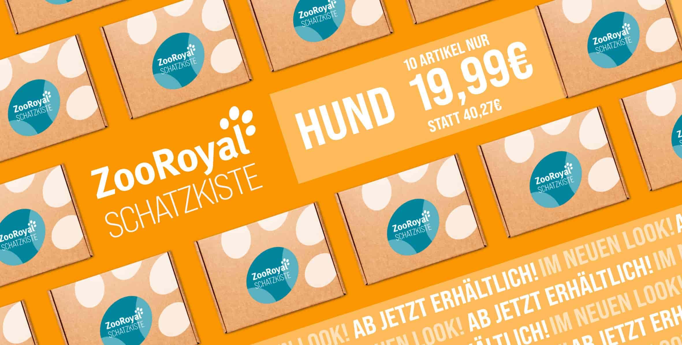 ZooRoyal Schatzkiste Hund Sommer 2026 Verkauf Aktionsbanner für ZooRoyal Schatzkiste Hund Sommer 2026 Verkauf. Mittig hervorgehobenes Angebot „Hund – 10 Artikel nur 19,99€ statt 40,27€“; links Logo „ZooRoyal Schatzkiste“; Hintergrund mit wiederholten Schatzkisten-Kartons mit ZooRoyal Logo auf orangem Hintergrund; Hinweis: Bundle-Angebot für Hunde reduziert erhältlich.