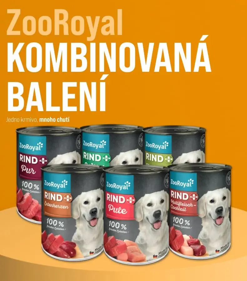 ZooRoyal kombinovaná balení pro psy Banner s předvybraným balením konzerv krmiva pro psy ZooRoyal vystavených na podstavci.
