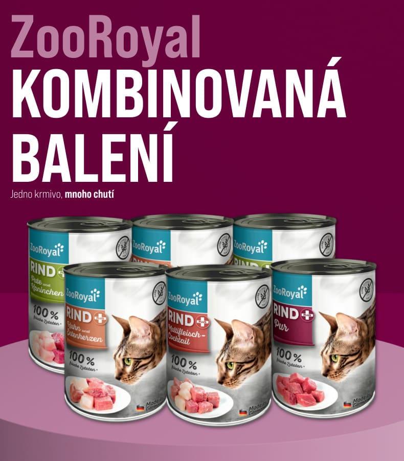ZooRoyal kombinovaná balení pro kočky Banner s předvybraným balením konzerv krmiva pro kočky ZooRoyal vystavených na podstavci.
