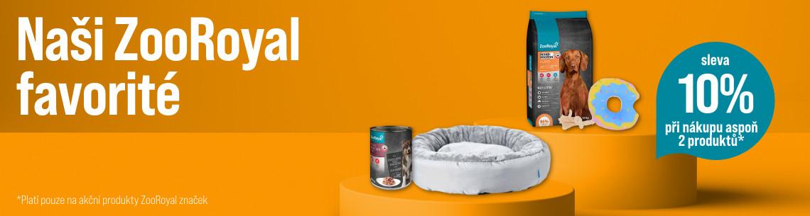Sleva 10% na vybrané produkty ZooRoyal Propagační banner s produkty ZooRoyal a informací o 10% slevě při koupi dvou produktů.