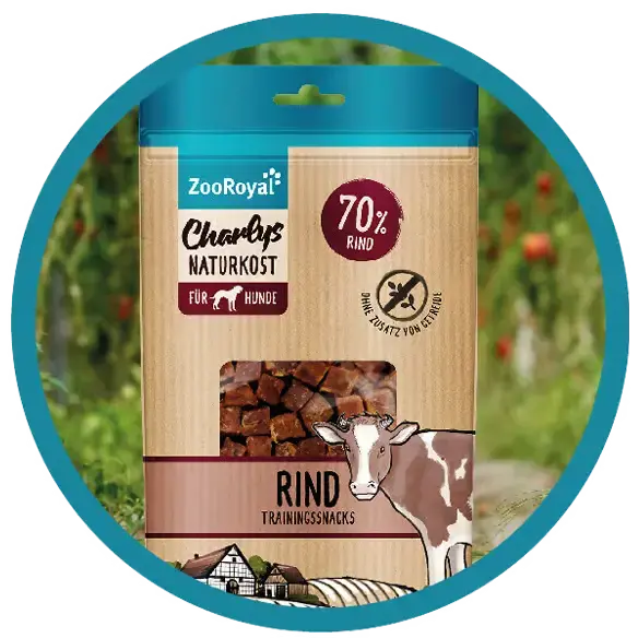 Charlys Naturkost - pamlsky pro psy (bublina) Banner s balením tréninkových snacků ZooRoyal Charlys Naturkost s hovězím masem.