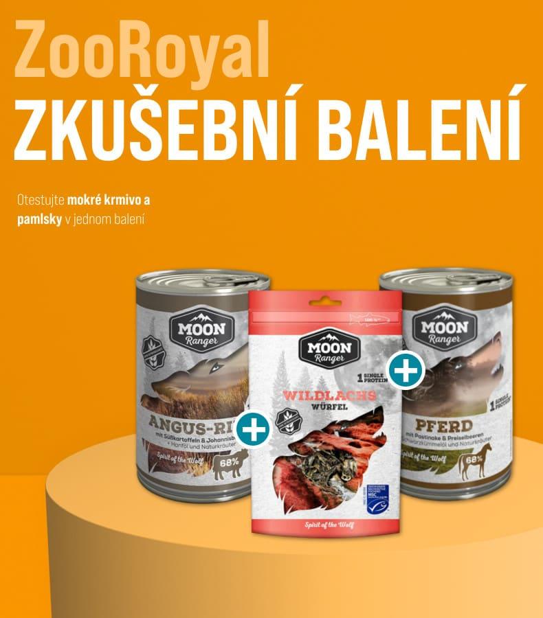ZooRoyal zkušební balení pro psy Banner se zkušebním balením mokrého krmiva a pamlsku pro psy ZooRoyal vystavených na podstavci.