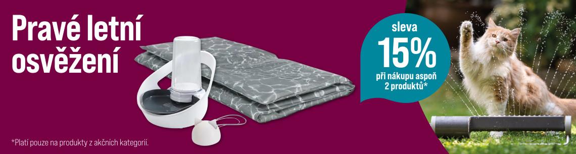 Sleva 15 % na vybrané produkty Letní propagační banner s produkty pro ochlazení mazlíčků a informací o 15% slevě při koupi dvou produktů.