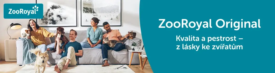 ZooRoyal Original Banner se skupinou lidí sedících na pohovce s domácími mazlíčky v obývacím pokoji.