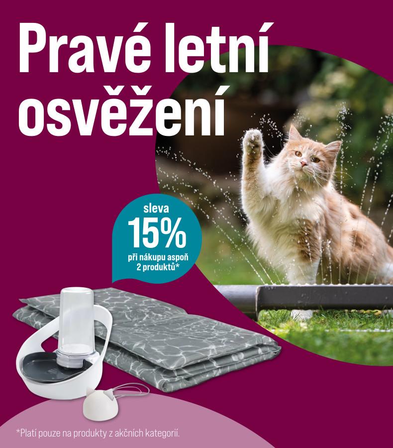 Sleva 15 % na vybrané produkty Letní propagační banner s produkty pro ochlazení mazlíčků a informací o 15% slevě při koupi dvou produktů.