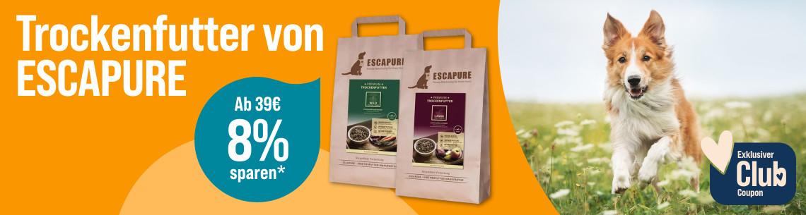 Spare 8% ab 39€ auf Trockenfutter von ESCAPURE Aktionsbanner für Trockenfutter von ESCAPURE. Hund läuft über eine Wiese, daneben Verpackungen von Trockenfutter.