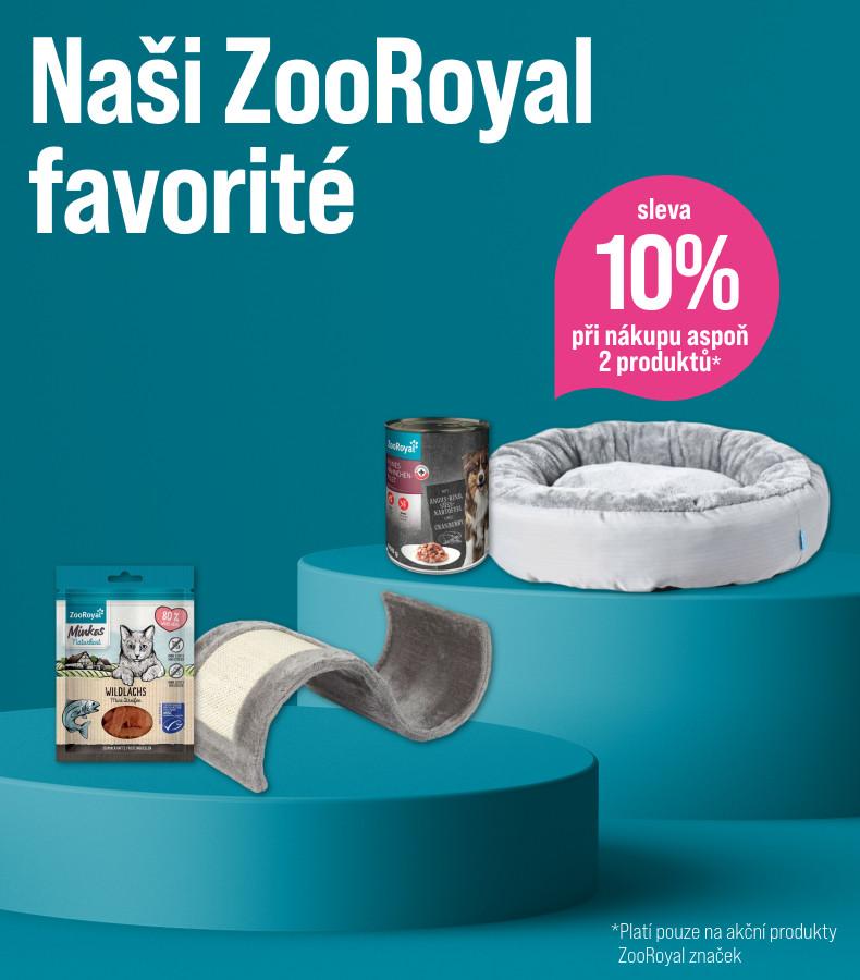 Sleva 10% na vybrané produkty ZooRoyal Propagační banner s produkty ZooRoyal a informací o 10% slevě při koupi dvou produktů.