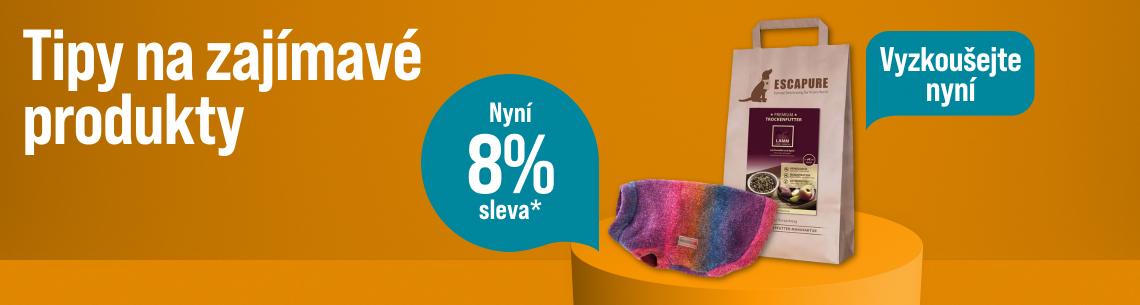 Tipy na zajímavé produkty s 8% slevou Reklamní banner s teplým oranžovým pozadím doporučuje zajímavé produkty a nabízí 8% slevu. V pravé části obrázku stojí na kulatém podstavci papírová taška s uchem, ve které je balení prémiového suchého krmiva pro psy značky Escapure s jehněčí příchutí (Lamm). Před touto taškou leží barevný, pletený psí svetr nebo obleček s texturou v odstínech růžové, fialové, modré a oranžové barvy. Kompozici dotvářejí dva tyrkysové dialogové kruhy – větší uprostřed informuje o slevě a menší v pravém horním rohu vybízí k vyzkoušení produktu.