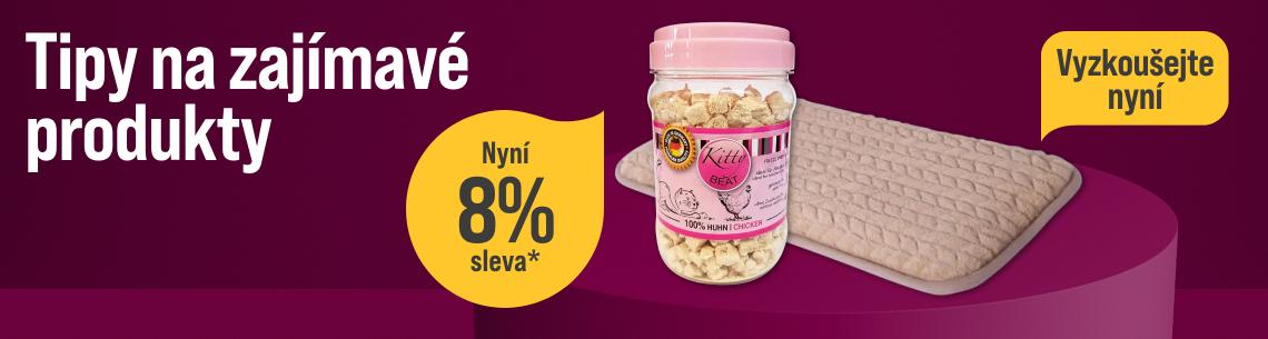 Tipy na zajímavé produkty s 8% slevou Propagační banner s fialovým pozadím a nadpisem „Tipy na zajímavé produkty“. Uprostřed je zobrazeno balení kočičích pamlsků Kitty Beat 100% Huhn / Chicken ve sklenici s růžovým víčkem, vedle kterého leží béžový pelíšek pro domácí mazlíčky. V levé části se nachází žluté kruhové pole s nápisem „Nyní 8% sleva“ a vpravo nahoře žlutá bublina s textem „Vyzkoušejte nyní“.