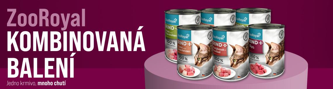 ZooRoyal kombinovaná balení pro kočky Banner s předvybraným balením konzerv krmiva pro kočky ZooRoyal vystavených na podstavci.