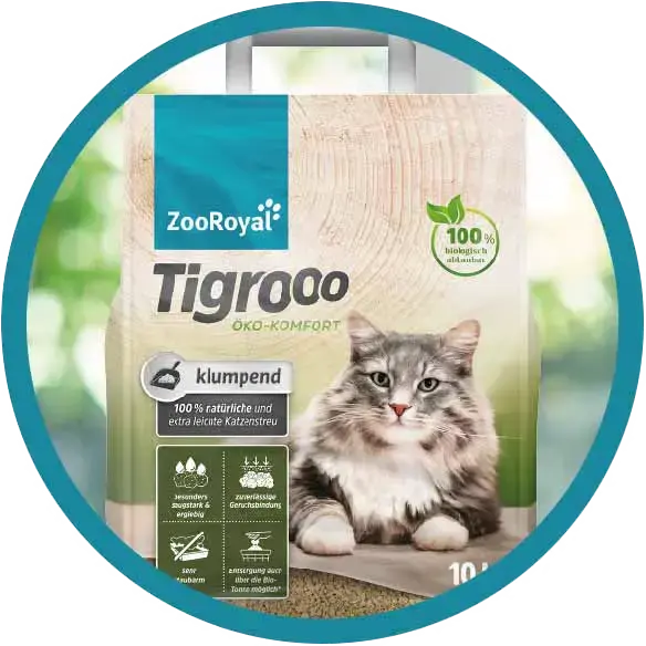 ZooRoyal Tigrooo - ekologické stelivo (bublina) Banner s balením ekologického steliva Tigrooo Öko-Komfort s vyobrazenou kočkou.
