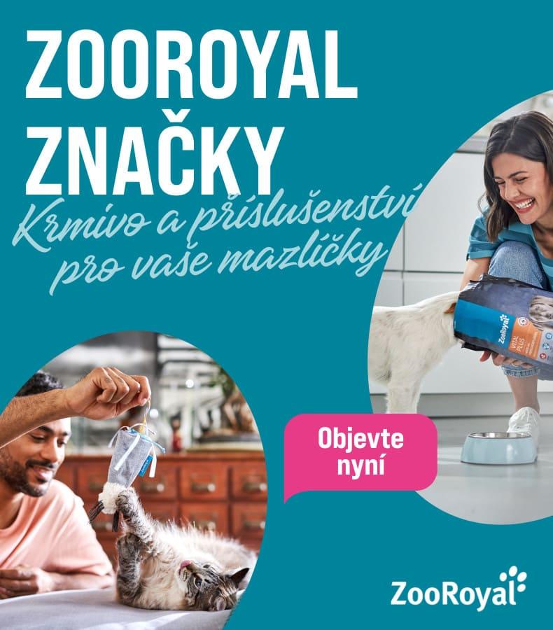 ZooRoyal značky Banner ZooRoyal s textem o krmivu a příslušenství pro mazlíčky a fotografiemi osoby krmící kočku a osoby sypající granule psovi.