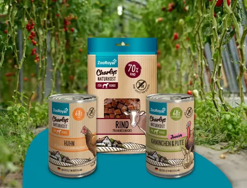 Charlys Naturkost - koncept krmiva pro psy Banner se skupinou produktů ZooRoyal Charlys Naturkost pro psy vystavených před rostlinami ve skleníku.