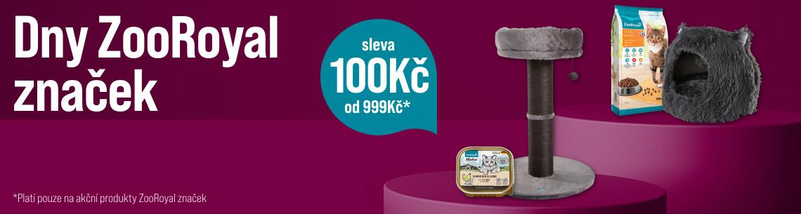Dny ZooRoyal: Sleva 100 Kč od 999 Kč Reklamní banner se sortimentem krmiva a příslušenství pro kočky značky ZooRoyal na tmavě fialovém pozadí. Text oznamuje slevu na produkty ZooRoyal.