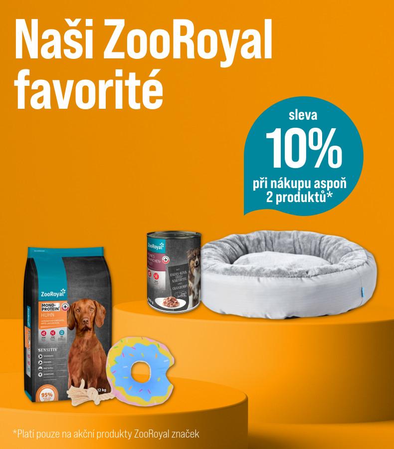 Sleva 10% na vybrané produkty ZooRoyal Propagační banner s produkty ZooRoyal a informací o 10% slevě při koupi dvou produktů.