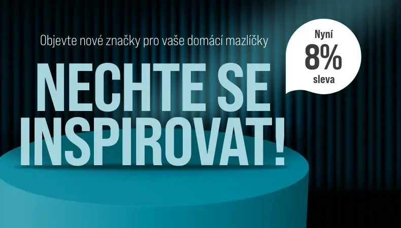 8% sleva na vybrané značky Propagační banner s textem o objevování nových značek pro domácí mazlíčky a s informací o 8% slevě.