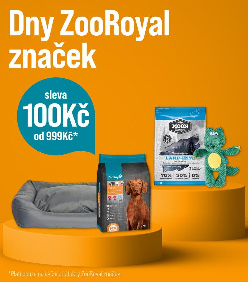 Dny ZooRoyal: Sleva 100 Kč od 999 Kč Reklamní banner se sortimentem krmiva a doplňků pro psy značky ZooRoyal na oranžovém pozadí. Text informuje o slevě na produkty ZooRoyal.