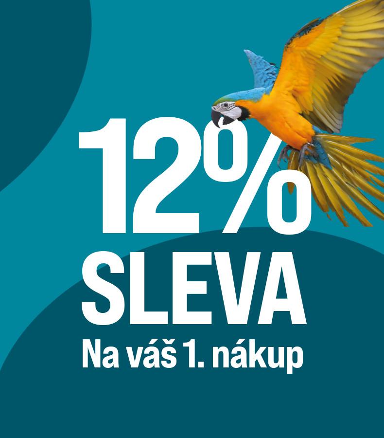 12% sleva na první nákup Propagační banner se žlutomodrým papouškem a informací o 12% slevě na první nákup.