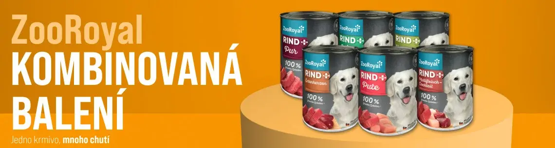 ZooRoyal kombinovaná balení pro psy Banner s předvybraným balením konzerv krmiva pro psy ZooRoyal vystavených na podstavci.