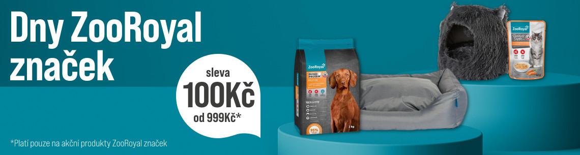 Dny ZooRoyal: Sleva 100 Kč od 999 Kč Reklamní banner se sortimentem krmiva a pelíšků pro psy a kočky značky ZooRoyal na tyrkysovém pozadí. Text informuje o slevě na vybrané produkty ZooRoyal.
