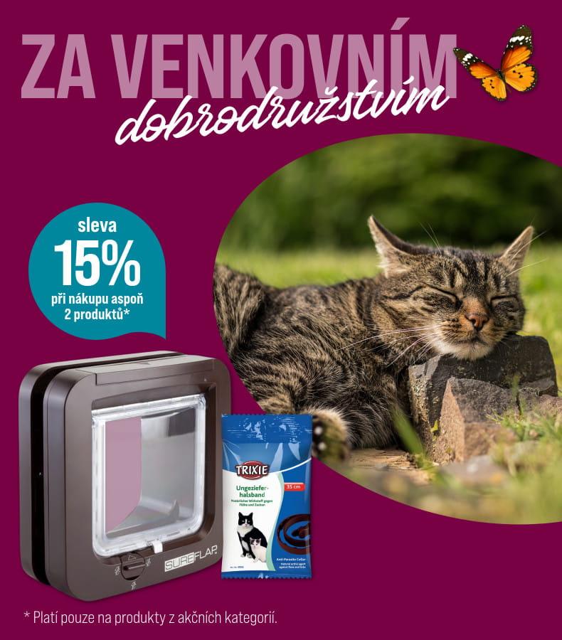 Sleva 15% při koupi alespoň dvou produktů Kočka leží venku na trávě. Vpravo jsou dva produkty: kočičí dvířka a balení pamlsků. Na fialovém pozadí je text o 15% slevě při koupi dvou produktů.
🟧 WCAG‑optimierte Bildbeschreibung – Bild 2 (běžící pes)
Popis obrázku:
Pes běží po louce s bílými květy. Vlevo jsou dva produkty: cestovní taška pro psy a kovová přepravní klec. Na oranžovém pozadí je text o 15% slevě při koupi dvou produktů.
🟩 WCAG‑optimierte Bildbeschreibung – Bild 3 (pes a kočka spolu)
Popis obrázku:
Pes a kočka sedí na trávě venku. Vlevo jsou dva produkty: kovová přepravní klec a hnědá dvířka pro mazlíčky. Nad nimi je text o 15% slevě při nákupu dvou produktů.
Wenn du möchtest, kann ich sie auch noch stärker vereinheitlichen, verkürzen, für CMS‑Batching optimieren oder sprachlich an euren Markenstil anpassen.