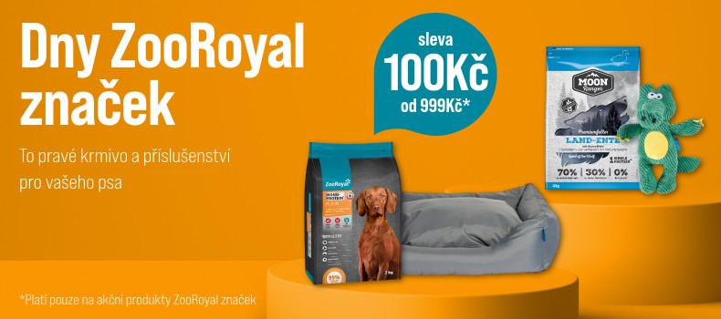 Dny ZooRoyal: Sleva 100 Kč od 999 Kč Reklamní banner se sortimentem krmiva a doplňků pro psy značky ZooRoyal na oranžovém pozadí. Text informuje o slevě na produkty ZooRoyal.