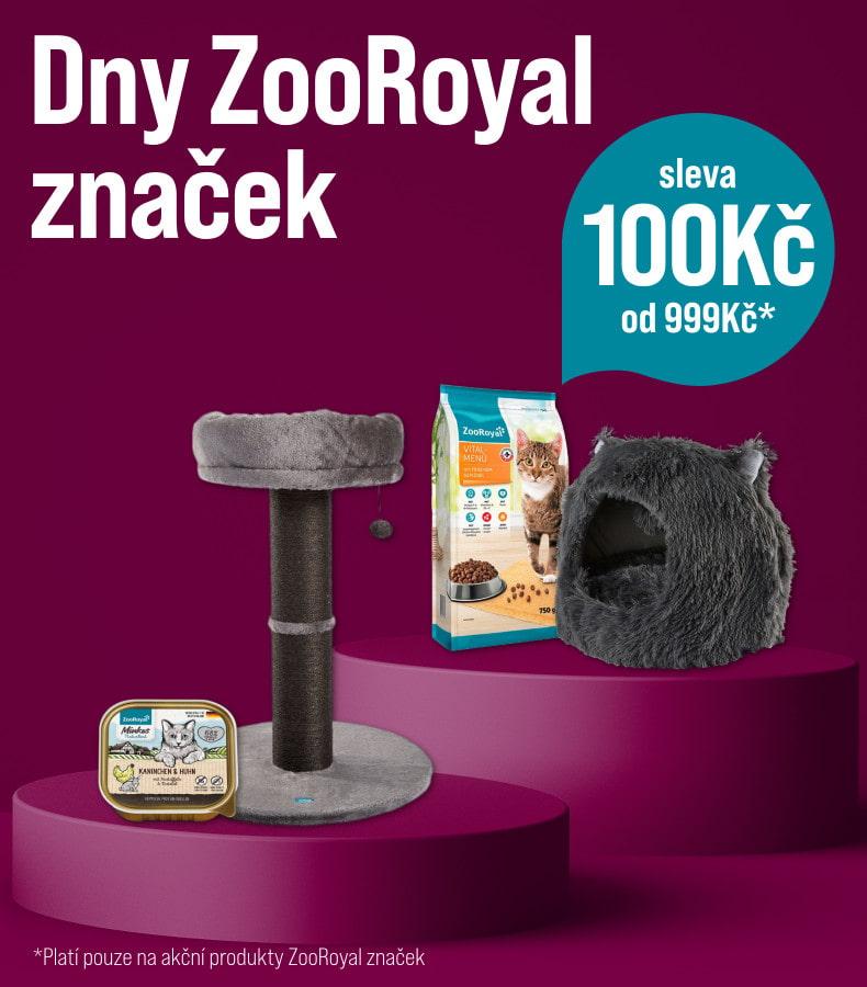 Dny ZooRoyal: Sleva 100 Kč od 999 Kč Reklamní banner se sortimentem krmiva a příslušenství pro kočky značky ZooRoyal na tmavě fialovém pozadí. Text oznamuje slevu na produkty ZooRoyal.