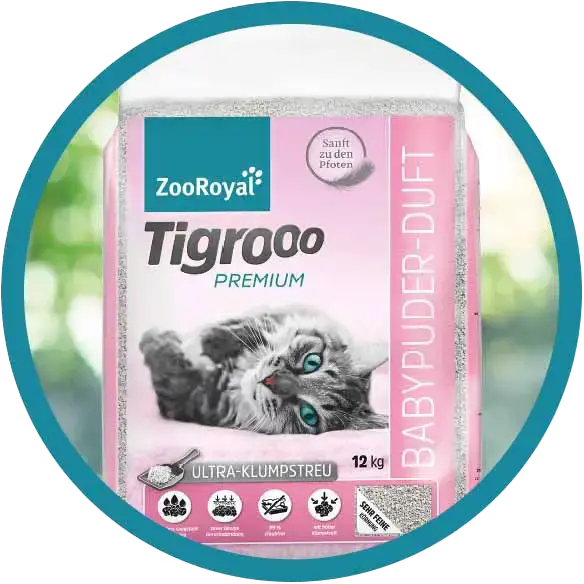 ZooRoyal Tigrooo - stelivo Premium (bublina) Banner s balením steliva Tigrooo Premium s vyobrazenou kočkou.