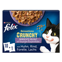 FELIX Sensations Crunchy v želé s křupavými kousky, výběr se zeleninou, 10 × 85 g + křupavé kousky, 1 × 40 g