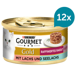 Krmivo pro kočky značky GOURMET Gold Rafinované ragú Duetto s lososem a treskou tmavou