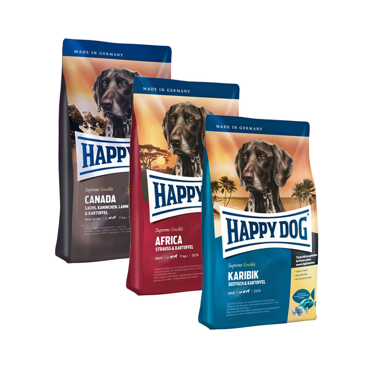 Happy Dog kombinované balení, bez obilovin 3 × 4 kg