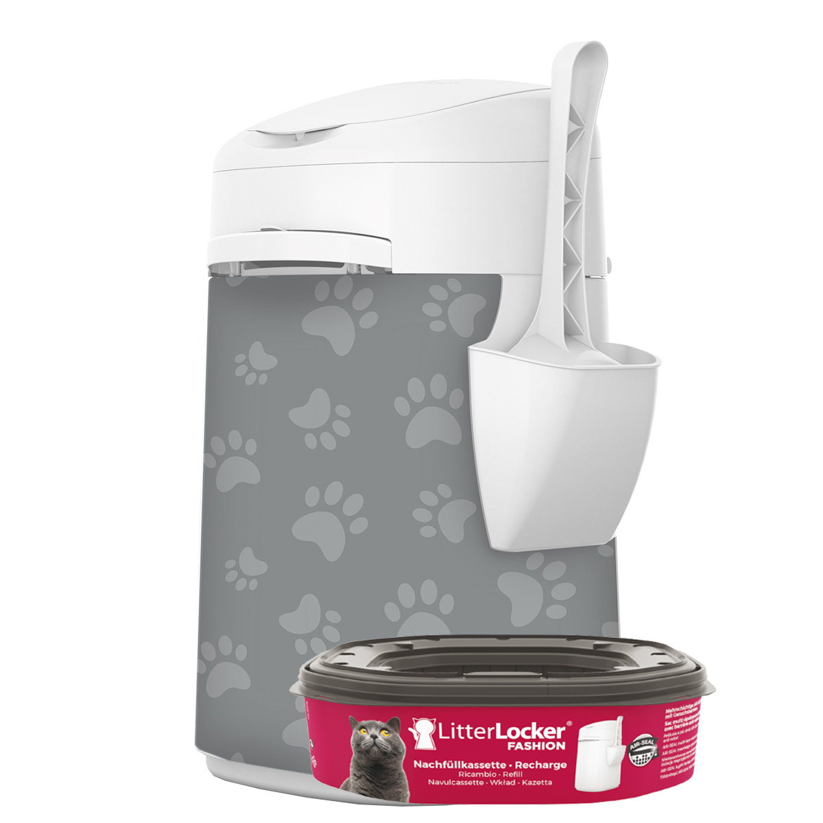 LitterLocker® Fashion odpadkový koš na kočkolit s látkovým potahem Cat paws grey