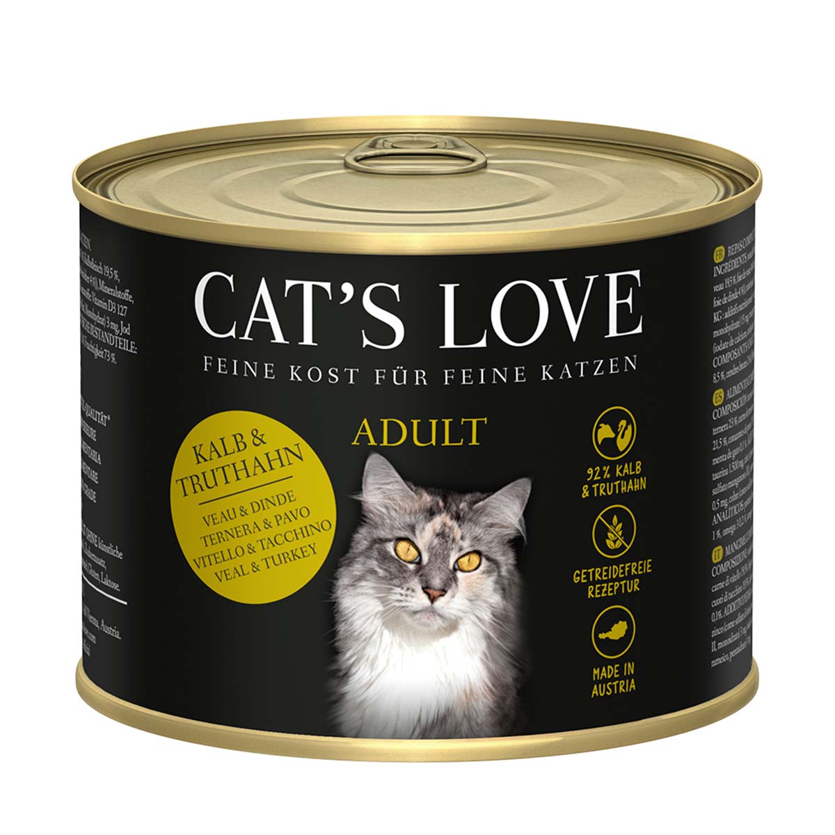 Cat's Love konzervy telecí a krůtí maso se šantou kočičí a lněným olejem