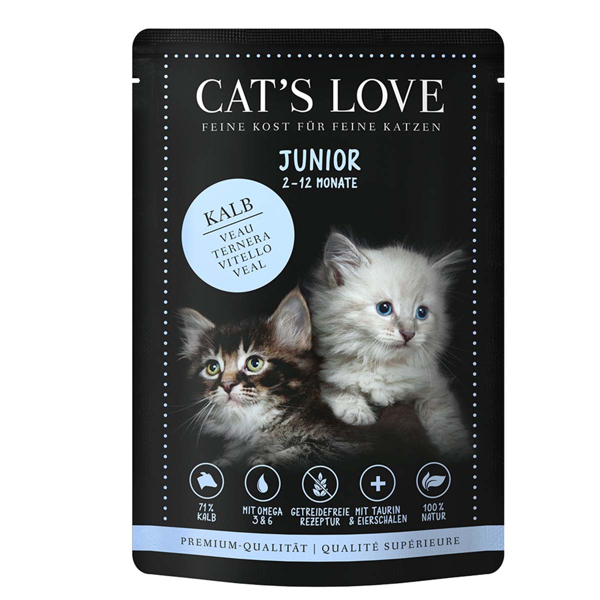Cat's Love Junior s telecím masem, vaječnými skořápkami a lososovým olejem