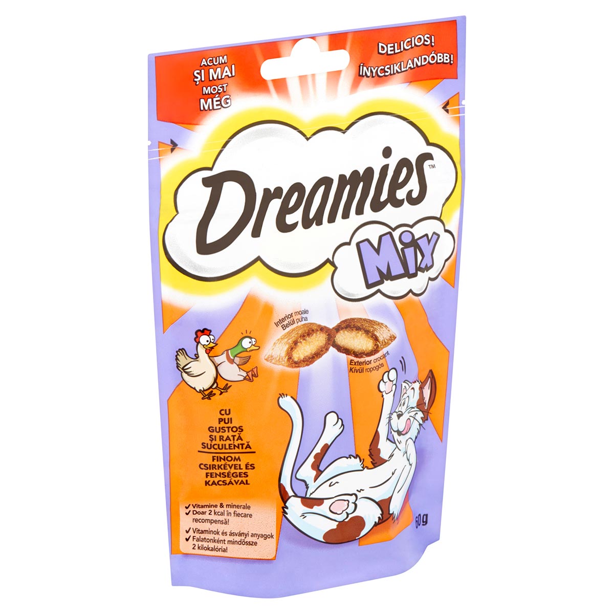 Dreamies Mix pamlsky s chutným kuřecím a šťavnatým kachním pro kočky