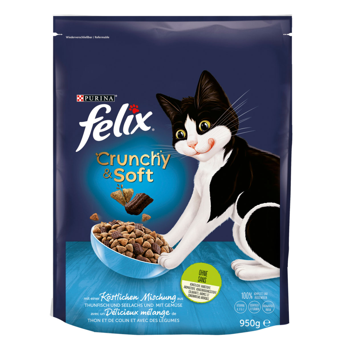FELIX Crunchy & Soft tuňák, treska tmavá a zelenina