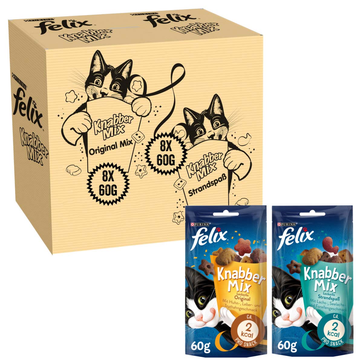 FELIX Knabber Mix Original 8× 60 g & Strandspaß 8× 60 g